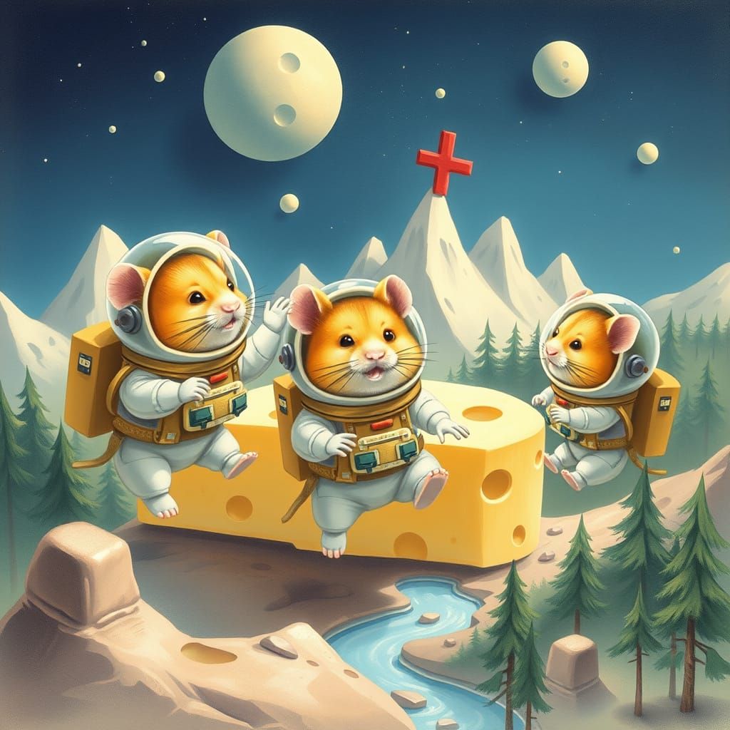 Hamster Astronauts Discover Cheese Planet, Whimsical Illustr...