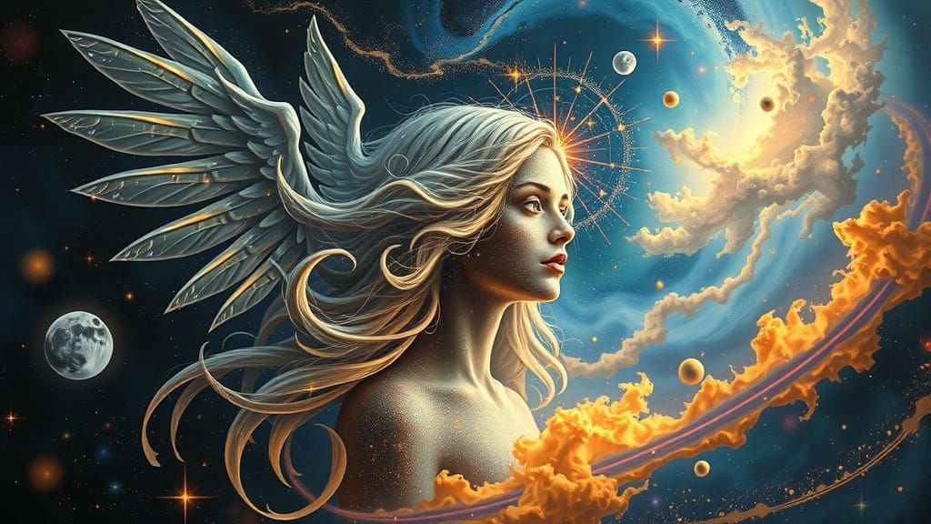 Celestial Angel of Death in Vibrant Cosmic Painting