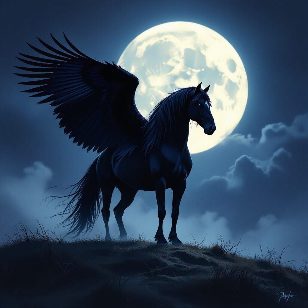 Mythical Raven-Horse Hybrid Under Full Moon