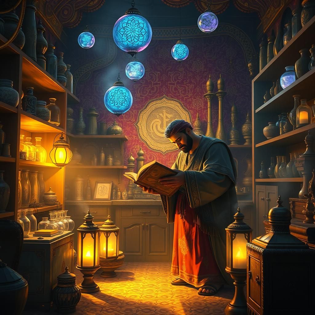 Mystical Apothecary: Ali in a Persian Miniature Style