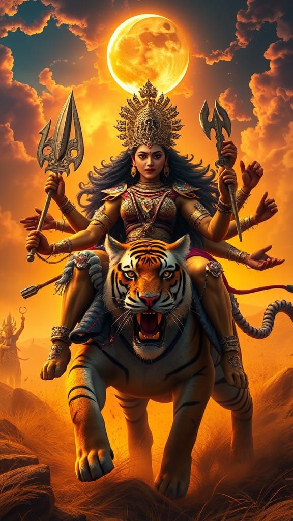 Goddess Chandraghanta, Fierce Warrior Goddess in Cyberpunk A...