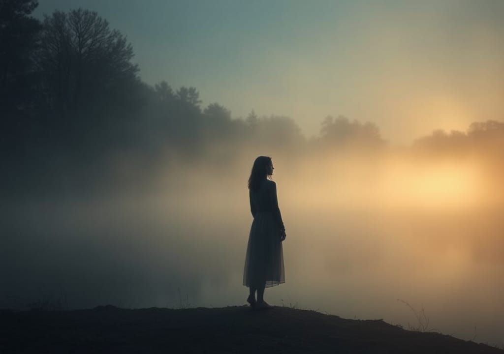 Ethereal Woman at Misty Lake, Dreamy Landscape