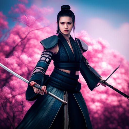 Beautiful Samurai Girl with Cherry Blossoms