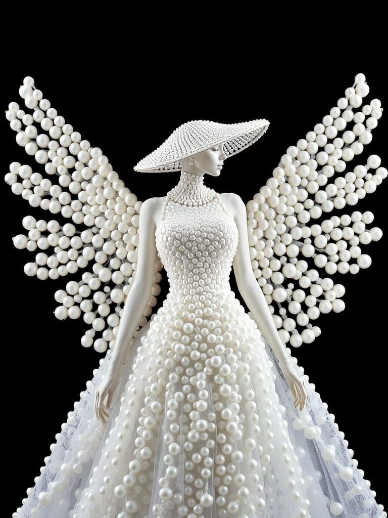 Pearl Goddess in Elegant White Attire with Pearl Wings
