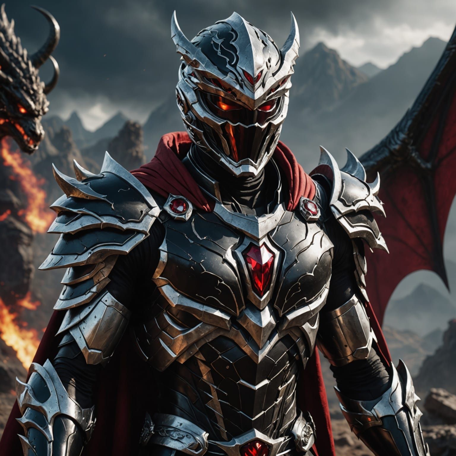 Dark Fantasy Power Ranger with Demon Helmet and Red Jewel