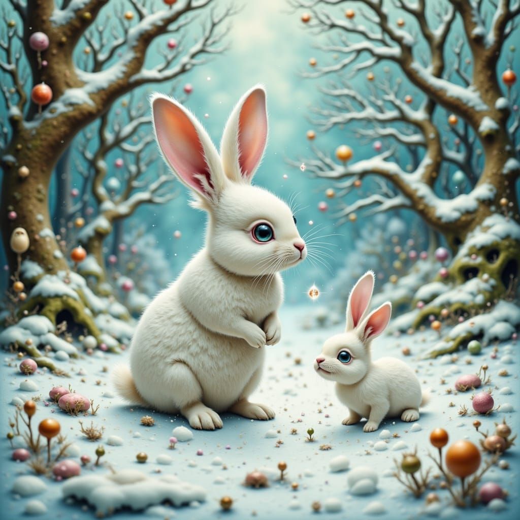 Fluffy White Rabbit in Snowy Forest with Snow Crystal