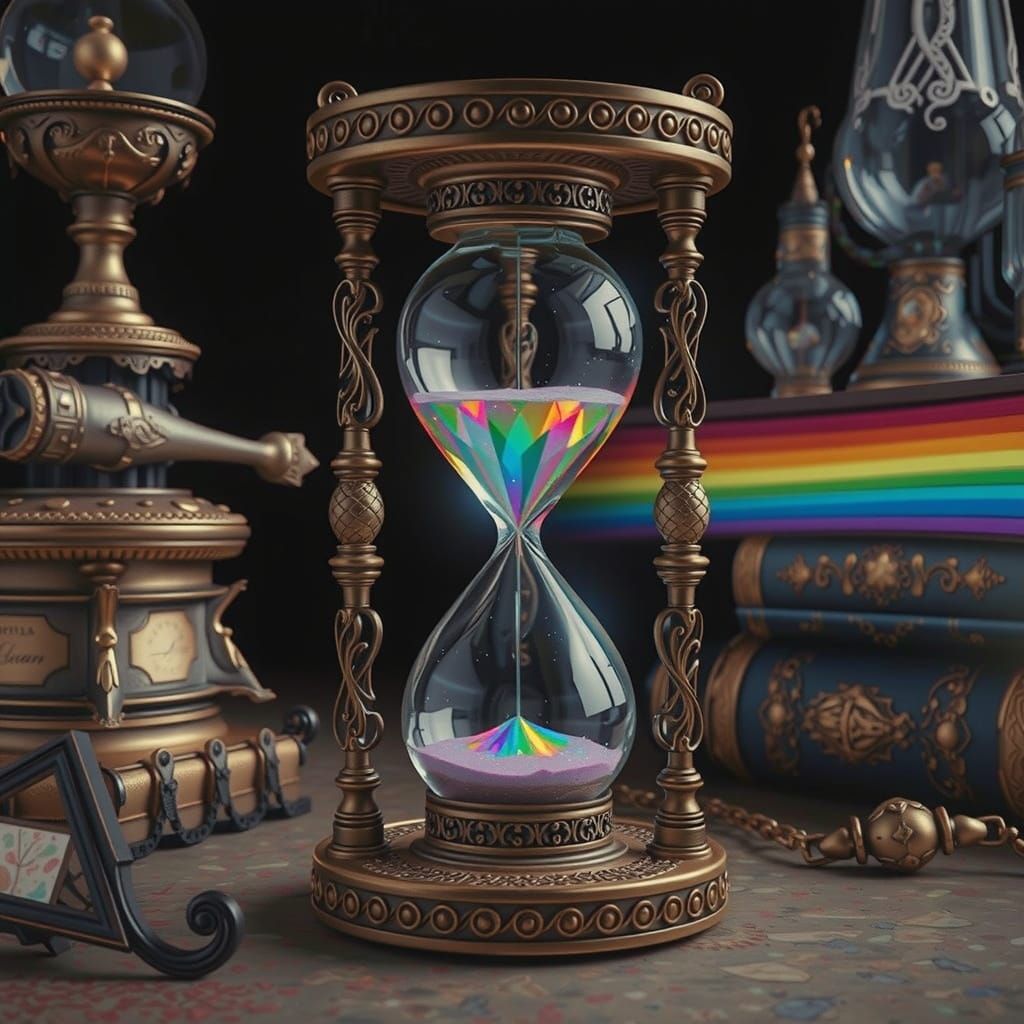 Cyberpunk Hourglass with Iridescent Prism and Elemental Ligh...