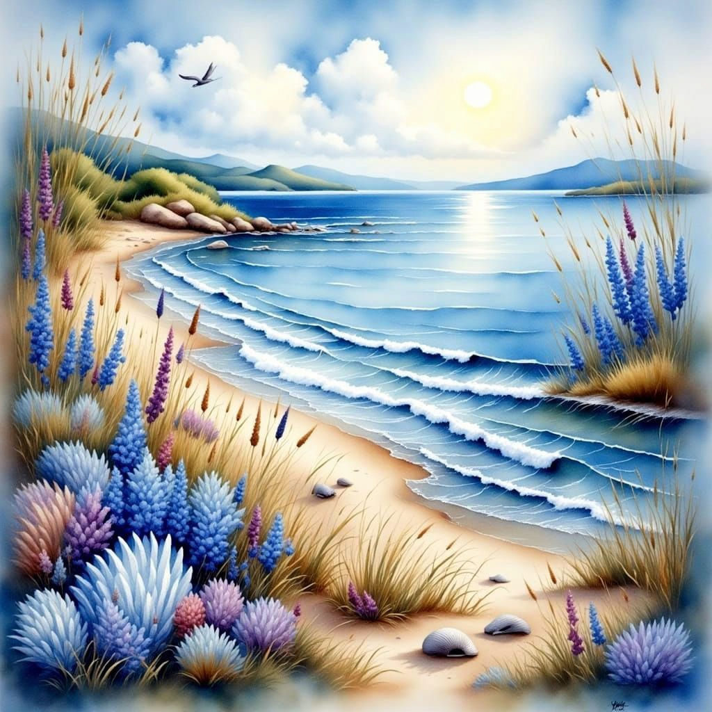 Bluebells and Seashells in Antique Watercolor Style
