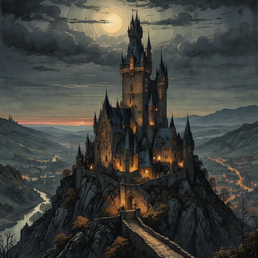 Frankenstein Castle: Gothic Fantasy Illustration at Dawn