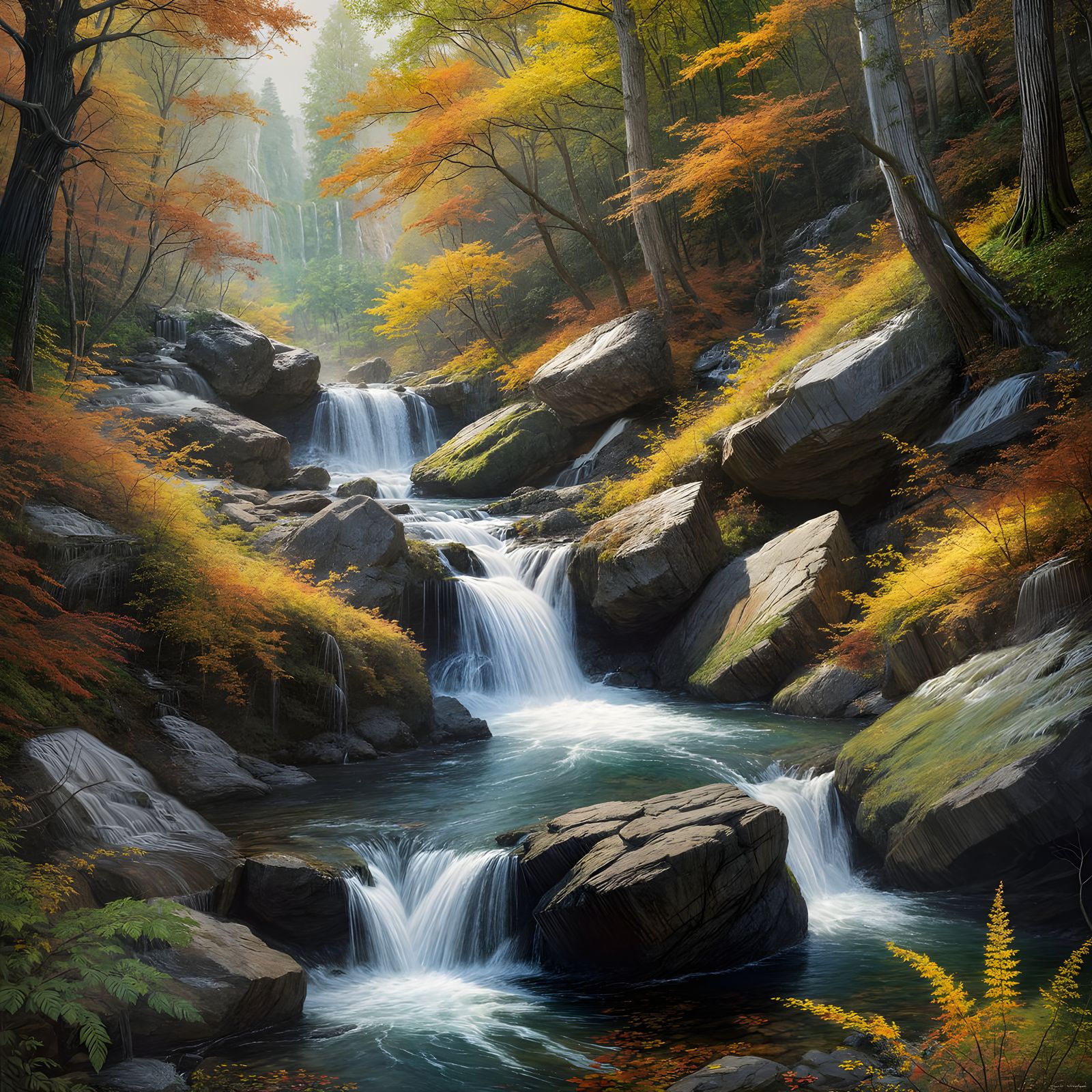 Gouache Autumn Waterfalls With Thick Brush Strokes