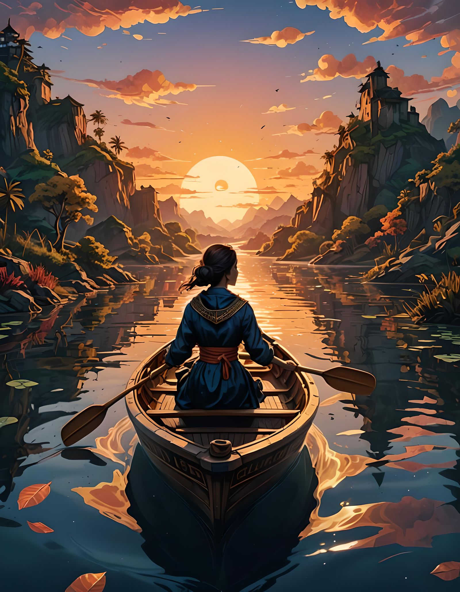Sunset Paddle: Lithographic Woodcut-Inspired Digital Art