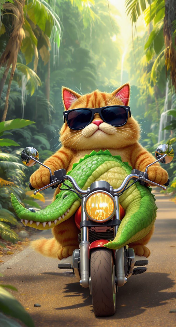 Cartoon Cat Motorbike Adventure in Jungle