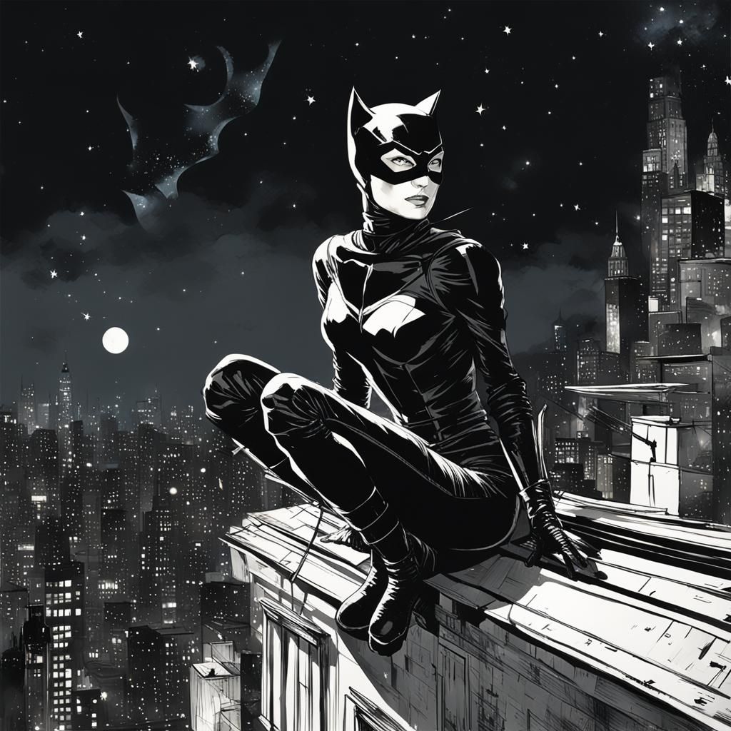 Catwoman Portrait on Gotham Roofs in Comic Book Style
