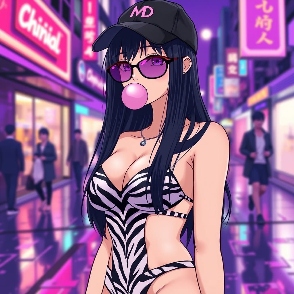 Anime Woman with Bubblegum in Neon Cityscape