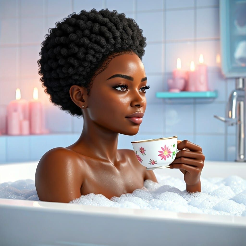 Radiant Woman's Serene Bath: 3D Anime Style