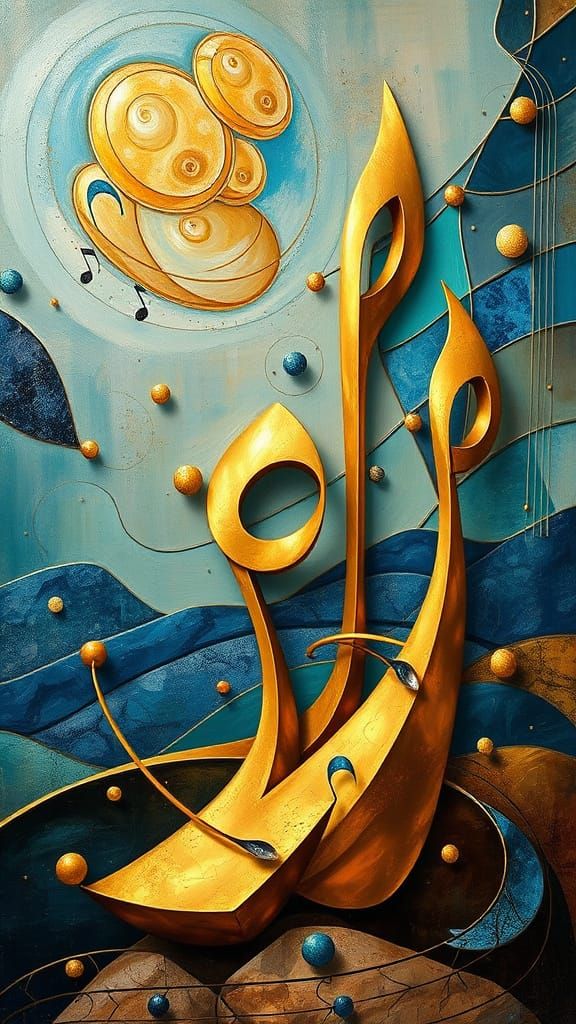 Golden Surreal Music Landscape in Cubism Style