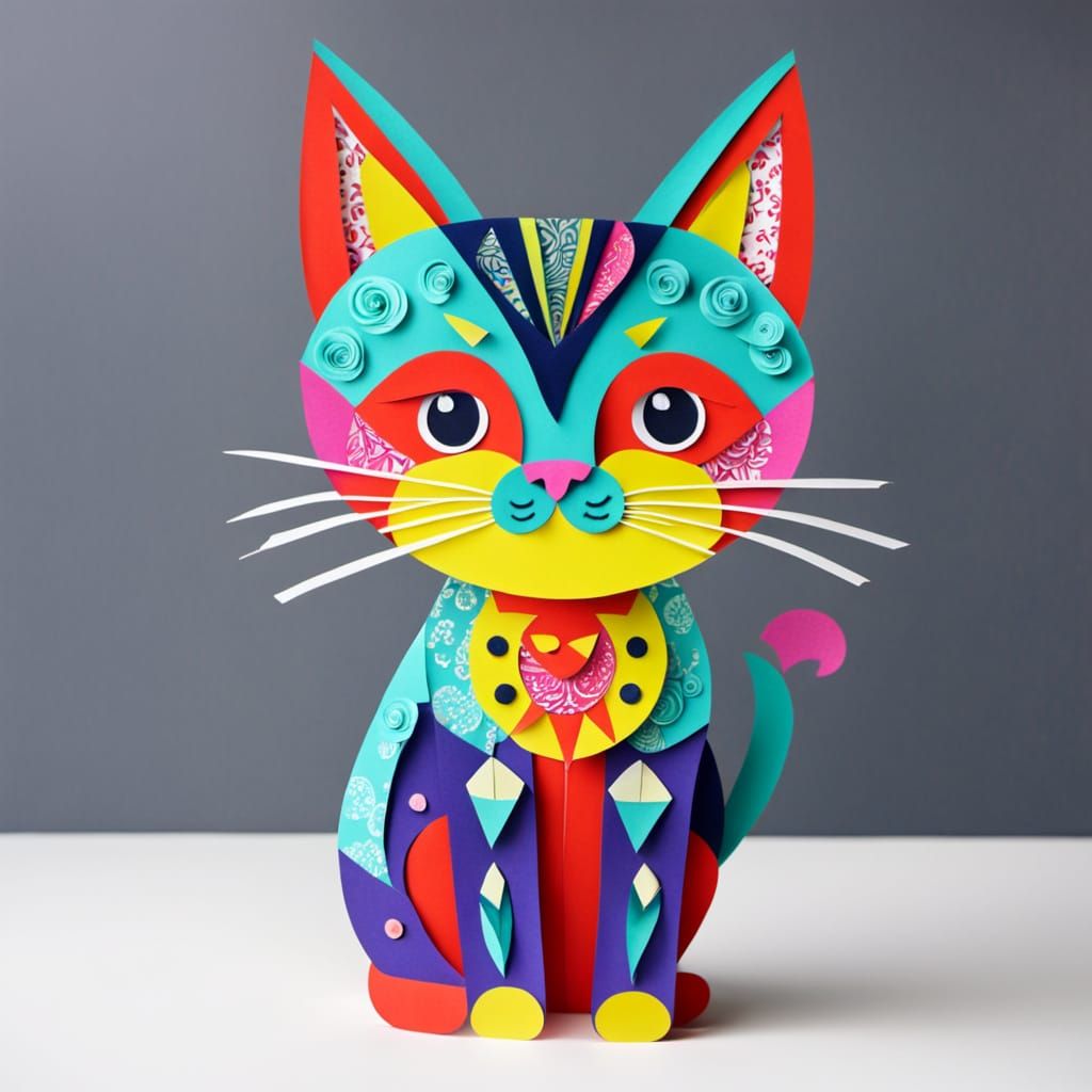 Bright colourful cut out paper cat image