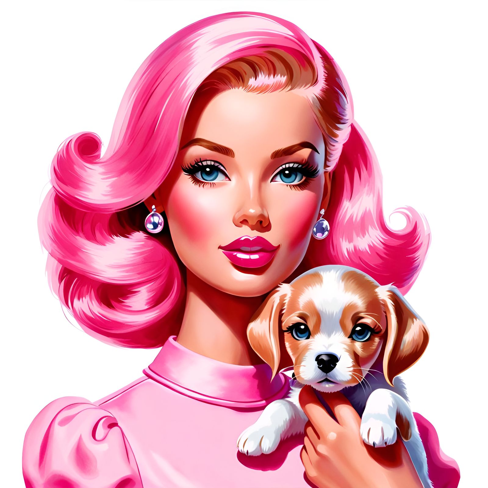 Barbie Doll and Puppy Portrait in Watercolor Style
