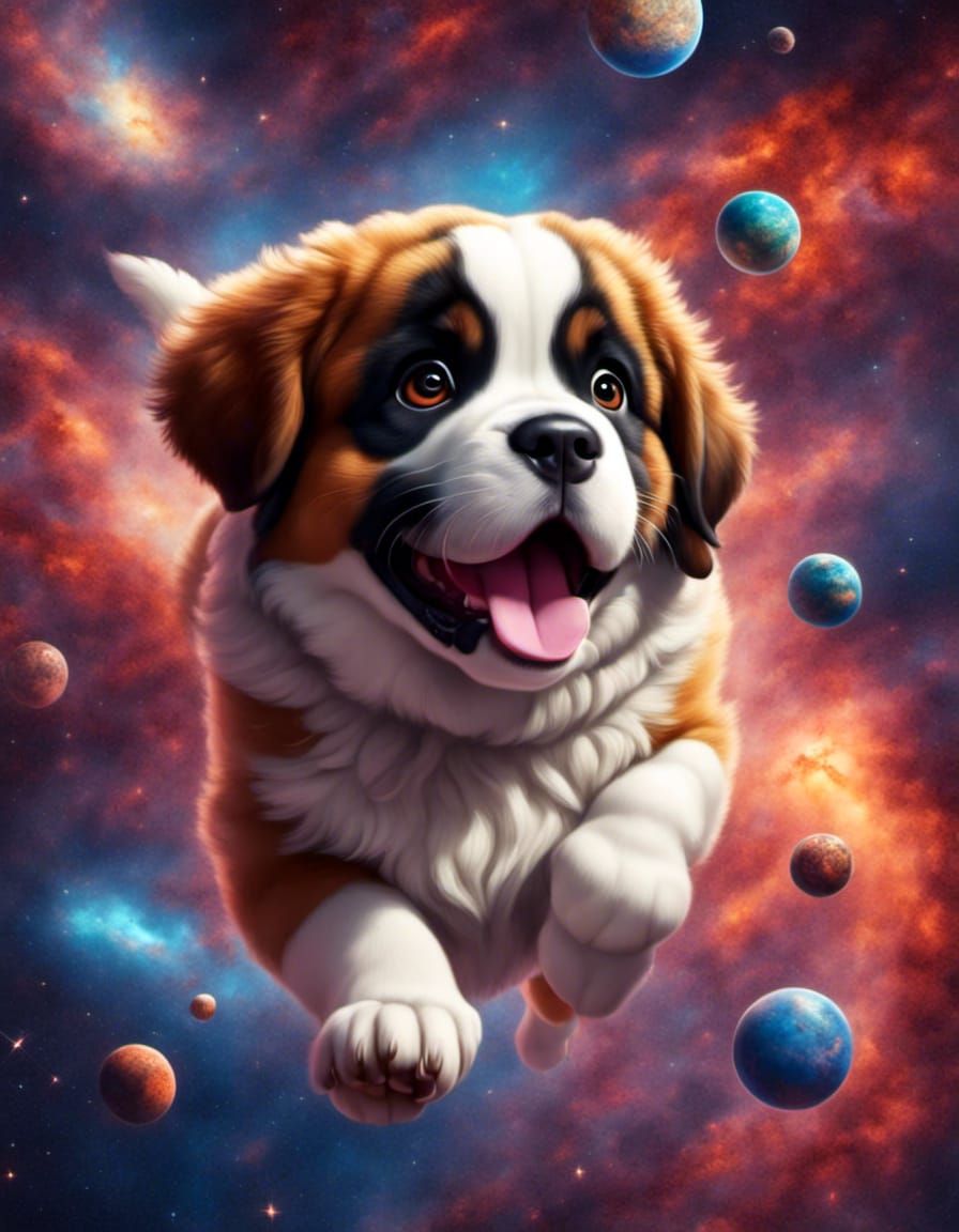 Saint Bernard Puppy's Cosmic Flight: 3D Animation