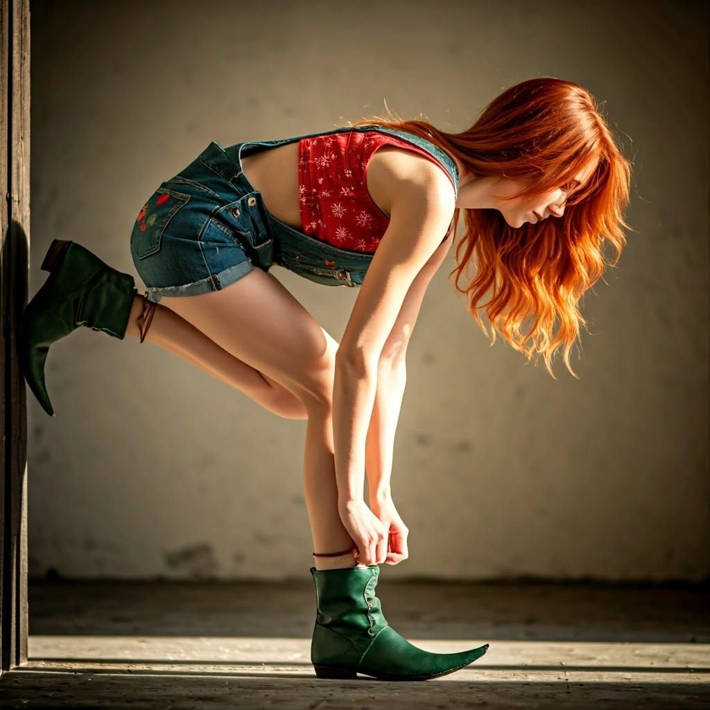 Vibrant Red Haired Christmas Elf Woman in Sunlit Winter Scen...
