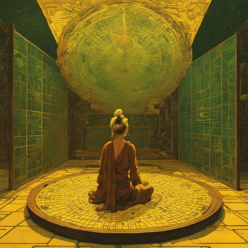 Mystical Priestess Meditating Before Floating Yantra Chart