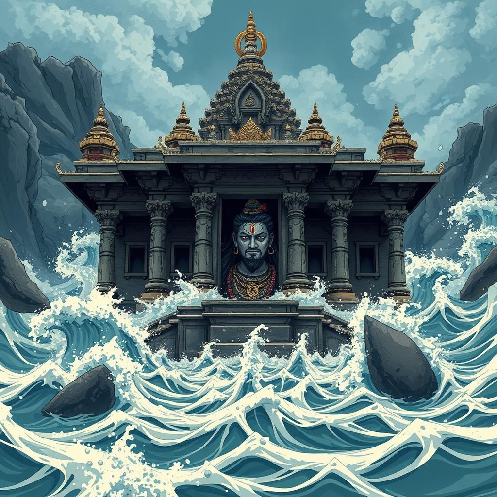 Flooded Temple: Shiva in Anime Manga Style