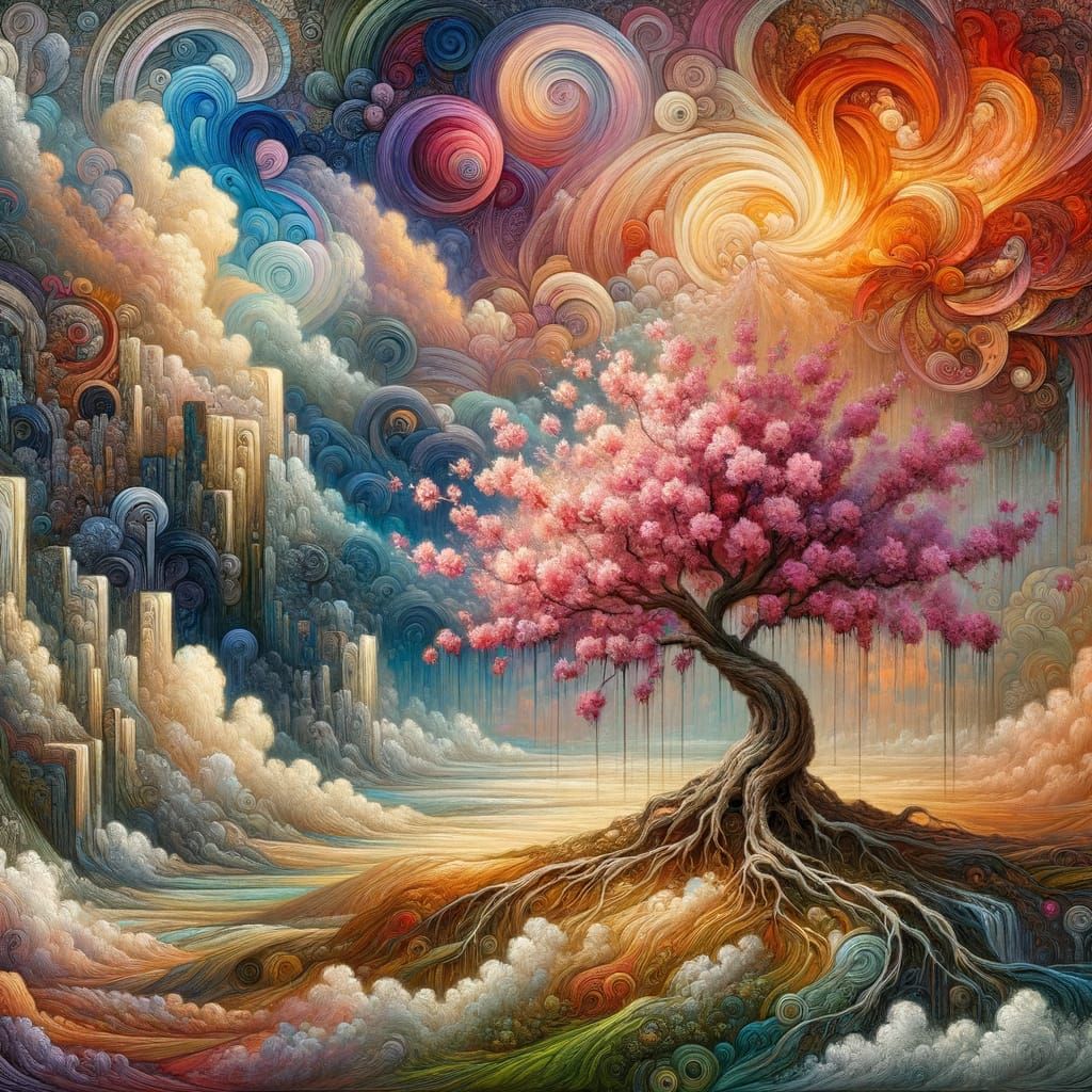 Abstract Realism Landscape with Cherry Blossom Tree