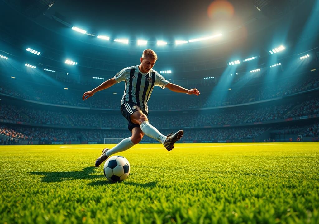 Soccer Player Kicking Ball in Stadium, Concept Art