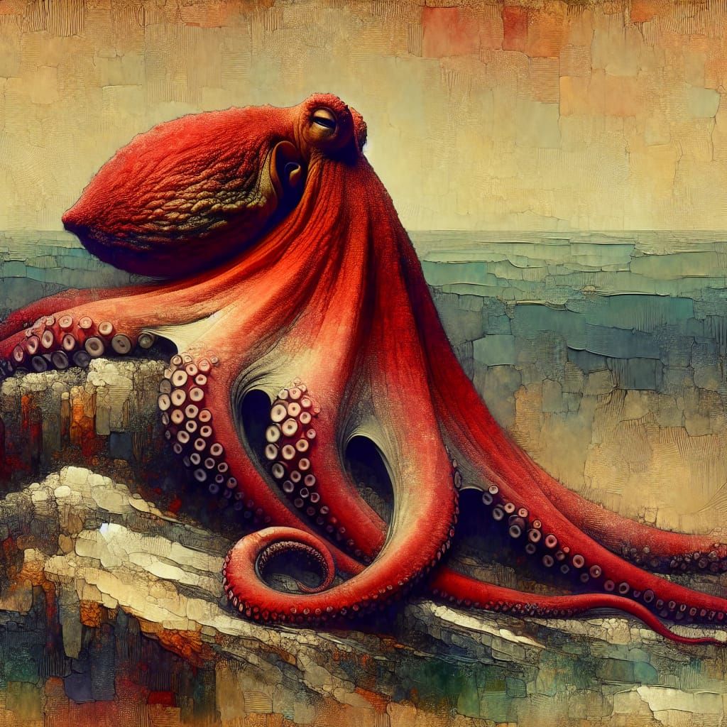 Resplendent Red Octopus on Rugged Terrain