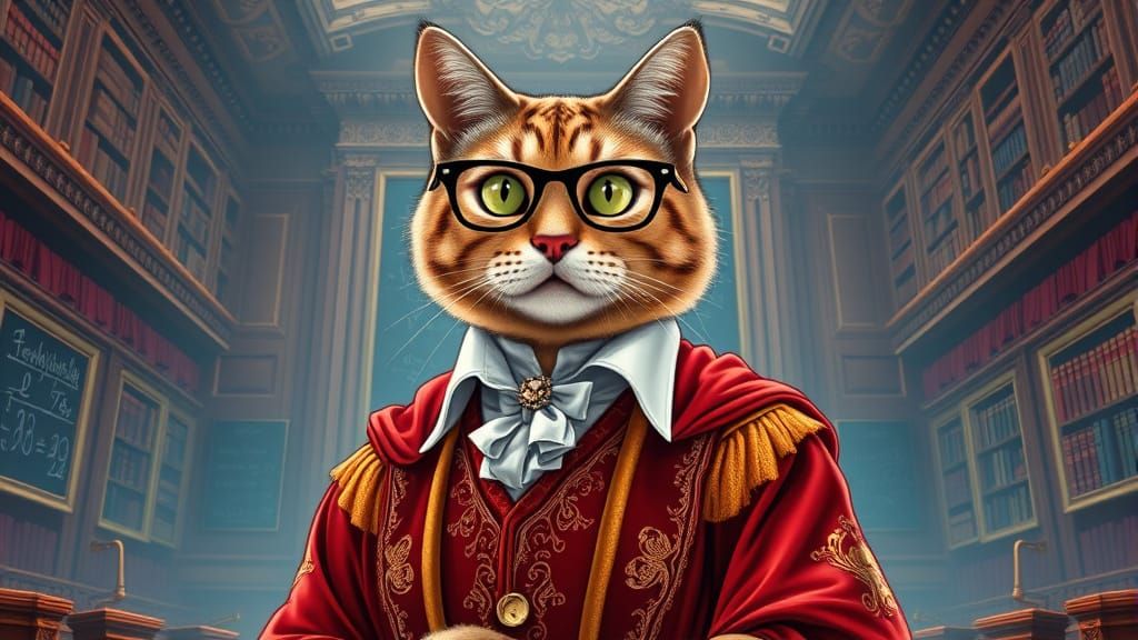 Elegant Feline Professor in Ornate Lecture Hall