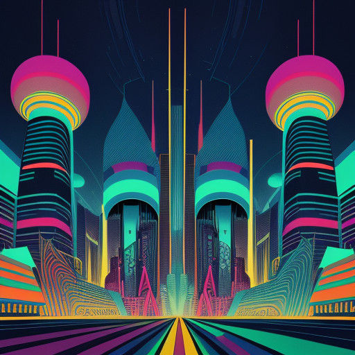 Futuristic Bauhaus Cityscape in Triadic Colors