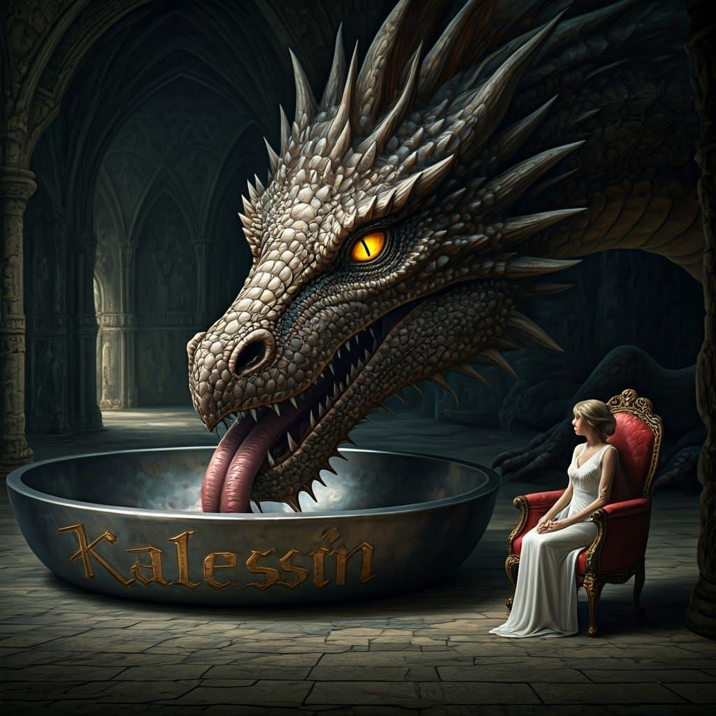 Dragon Drinks from Golden Chalice in a Mysterious Cave