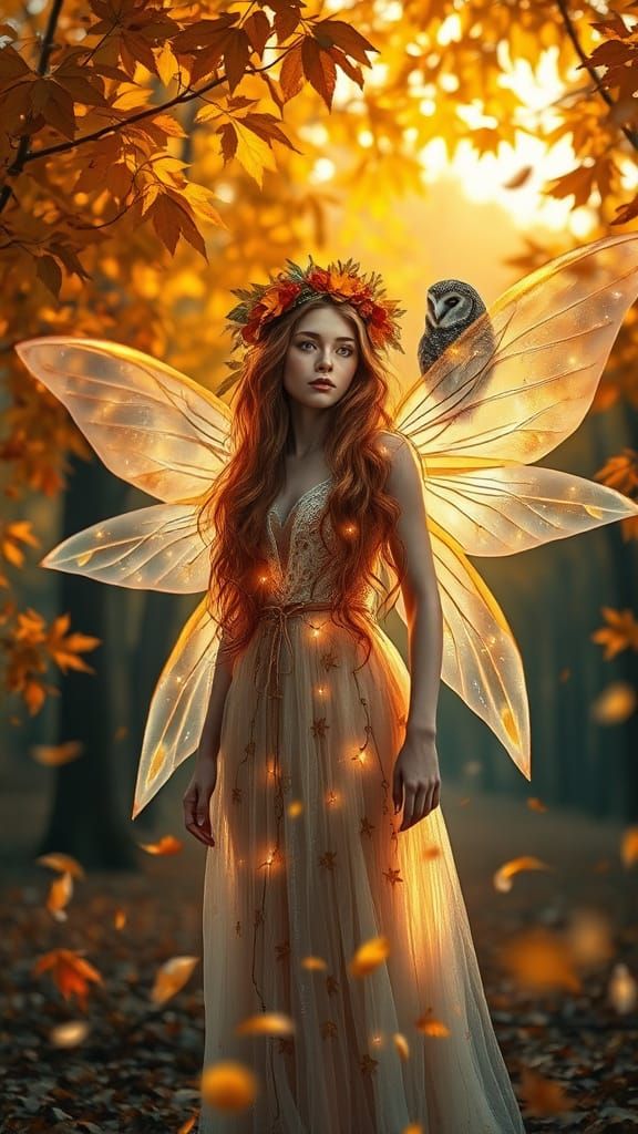 Ethereal Autumn Fairy With Owl in Cinematic Detail