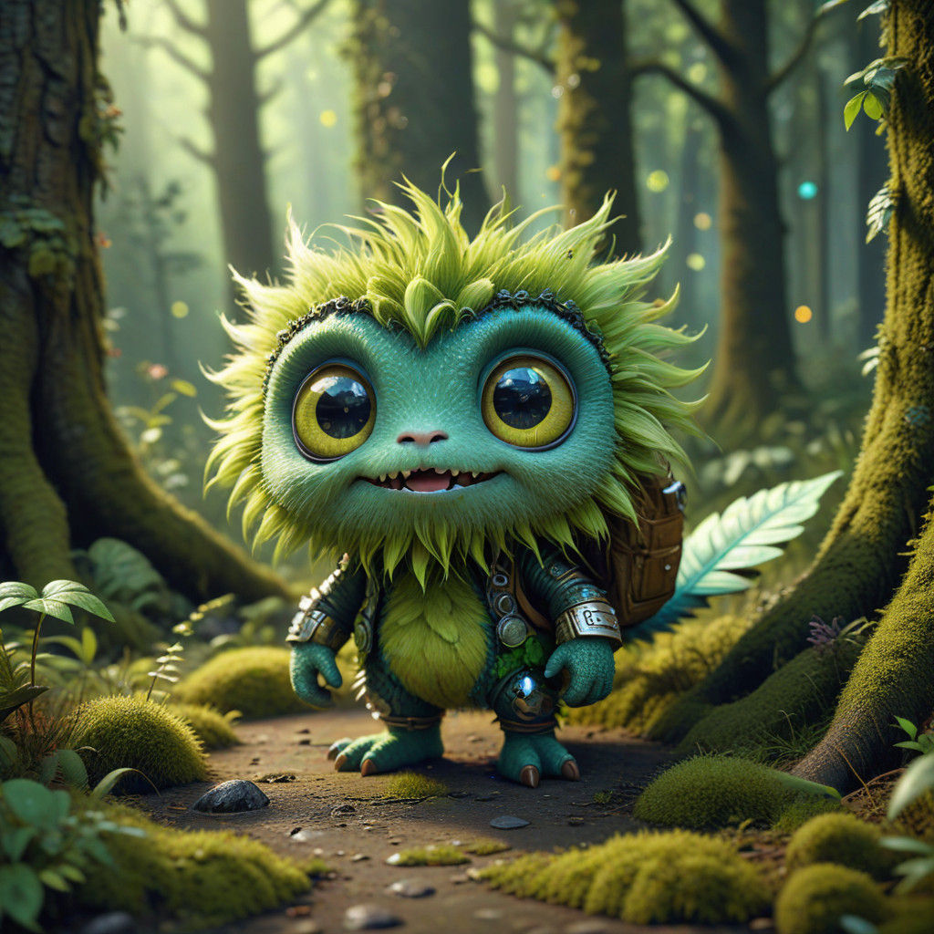 Whimsical Bright Green Furry Creature in Vibrant Forest Scen...