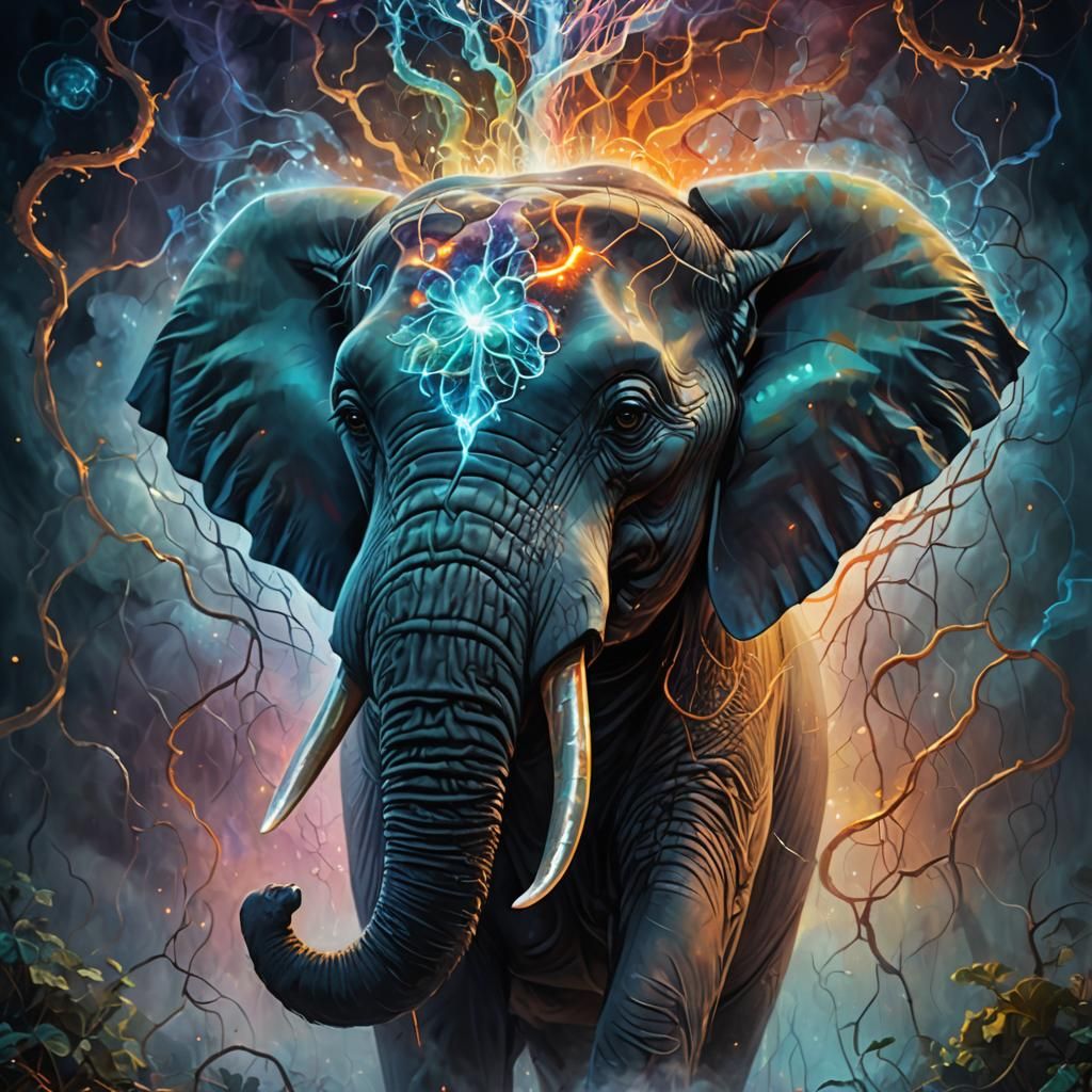 Surreal Glowing Brain Elephant in Oil Painting Style