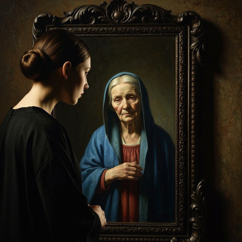 Young Woman Gazes into Ornate Mirror, Revealing Aged Reflect...