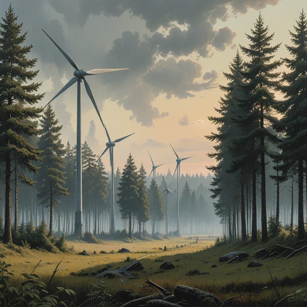 Serenely Modern Windmills Amidst a Lush, Watercolor Forest