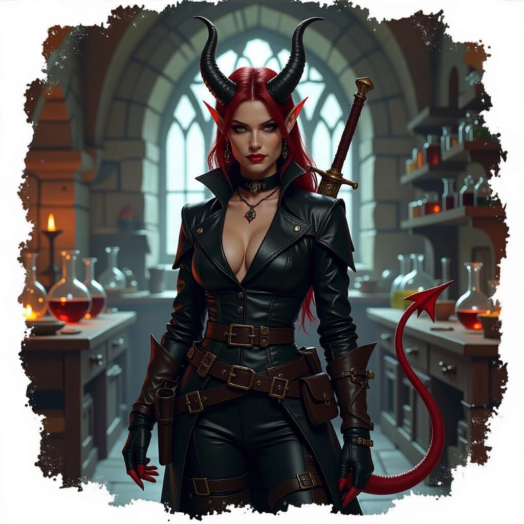 Tiefling Alchemist in Gothic Medieval Laboratory