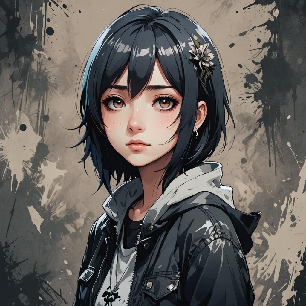 Beautiful Emo Woman in Anime Style