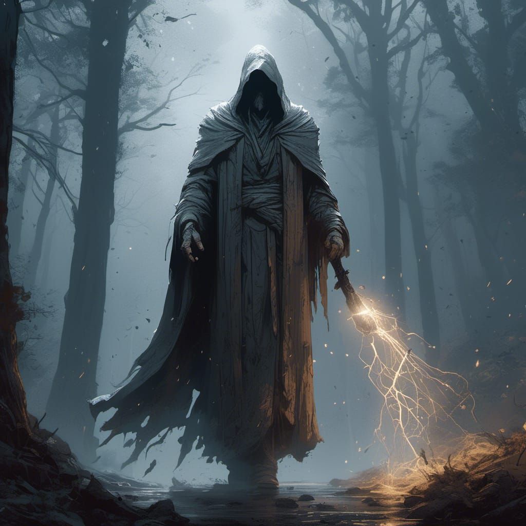 mysterious figure wearing a cloaked robe and standing in a m...