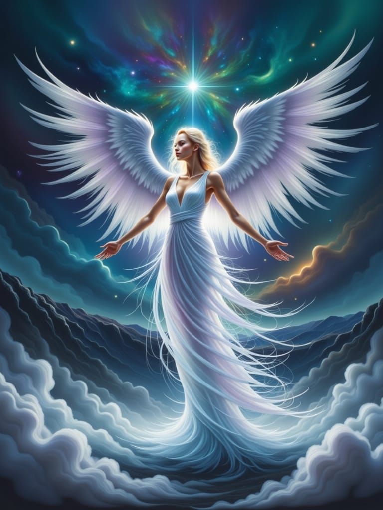 Angelic Woman in Spectrum Dress Descends Through Cosmic Vort...
