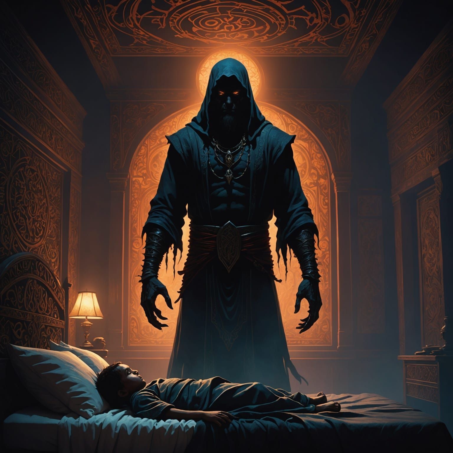 A horror illustration showing an "Ancient Jinn" as a scary silhouette standing over the bed of a child who is sleeping, ...