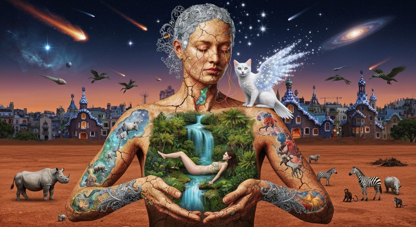 Ethereal Woman with Bird Head in Gaudí Cityscape