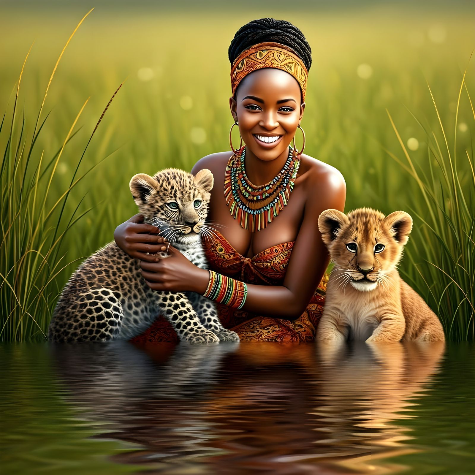 Radiant African Woman Plays with Lion and Leopard Cubs in Se...