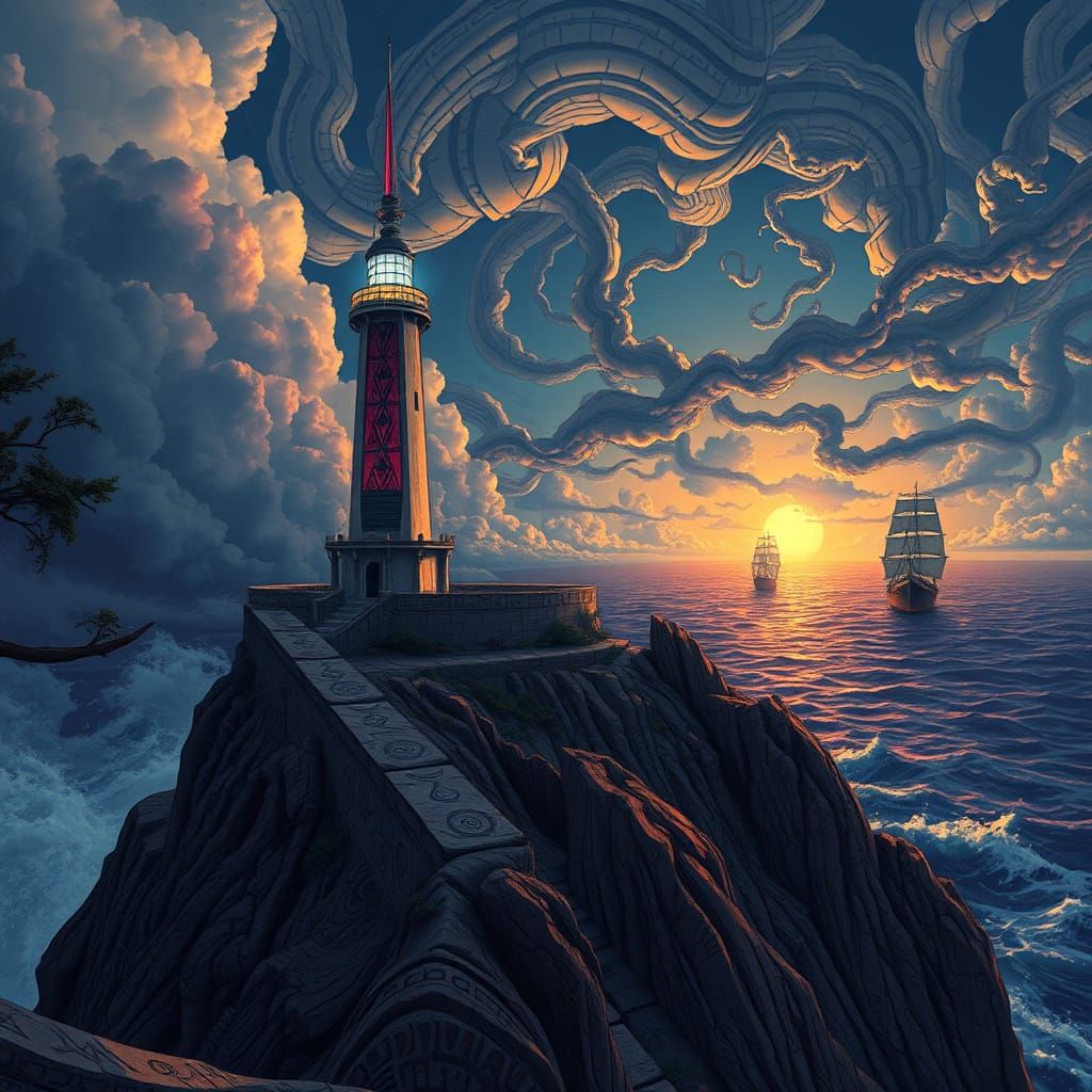 Cyberpunk Lighthouse with African Tribal Patterns