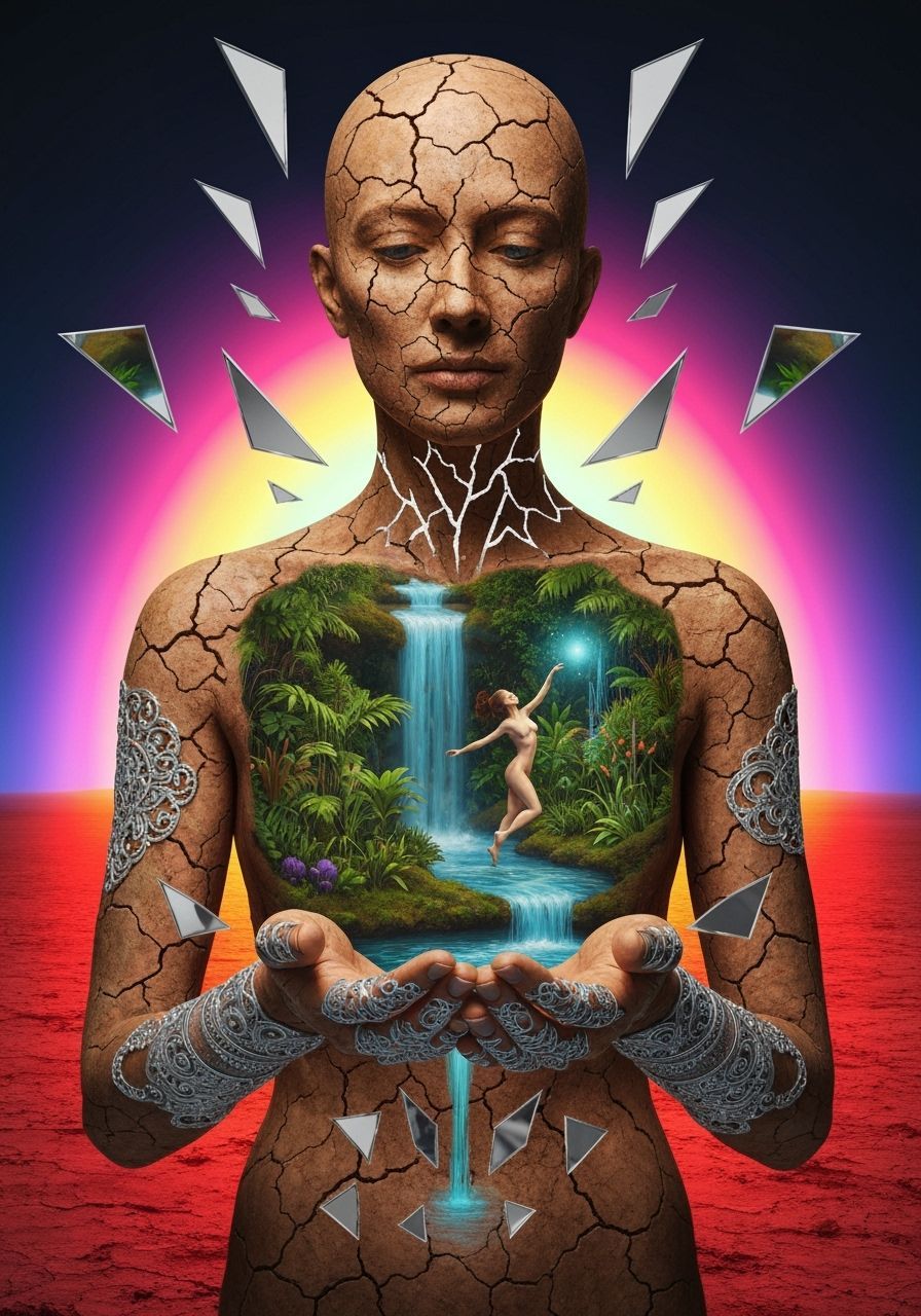 Figure With Earth Skin Reveals Bioluminescent Oasis