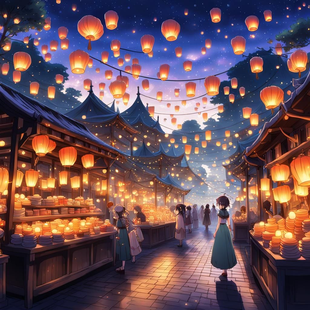 Twilight Anime Market with Enchanted Girl and Lanterns