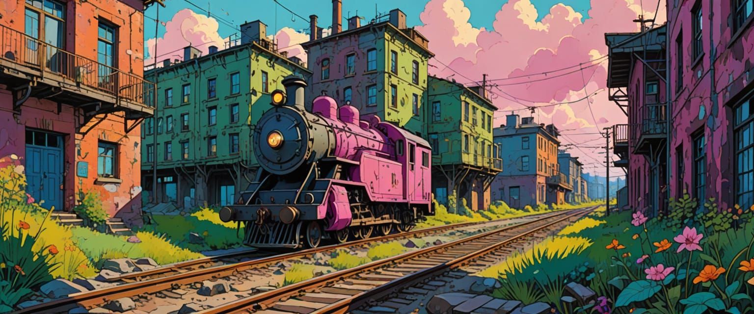 Industrial Wasteland in Comic Book Style with Vibrant Graffi...