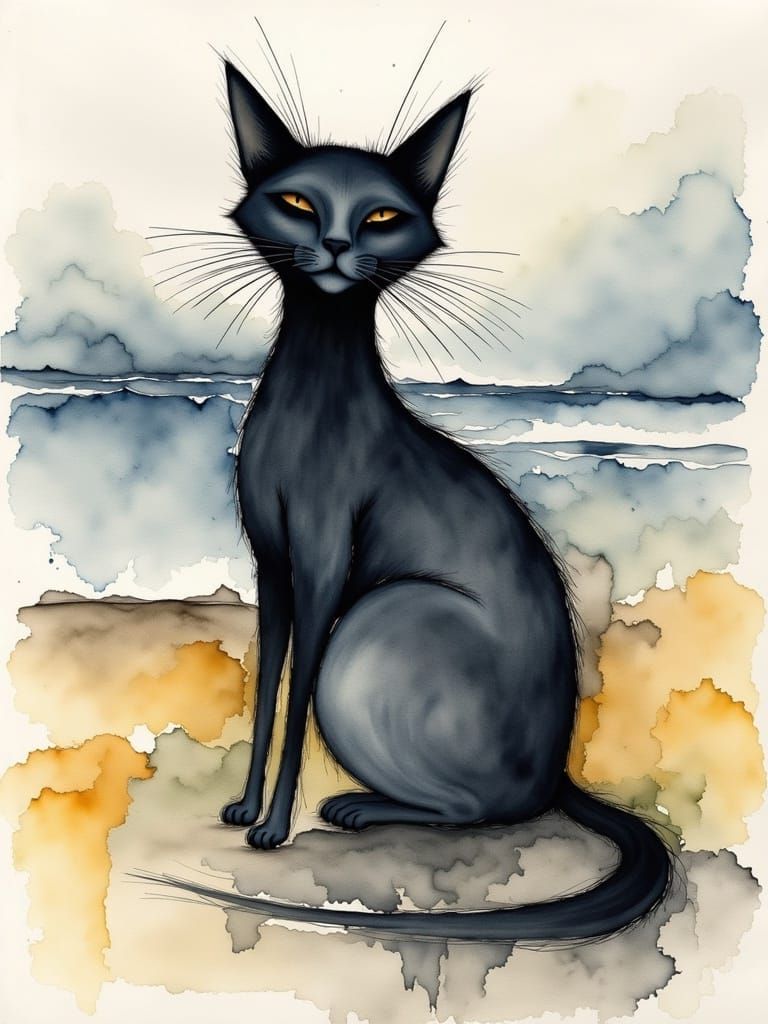 Elegant Black Cat at the Beach: Watercolor Art