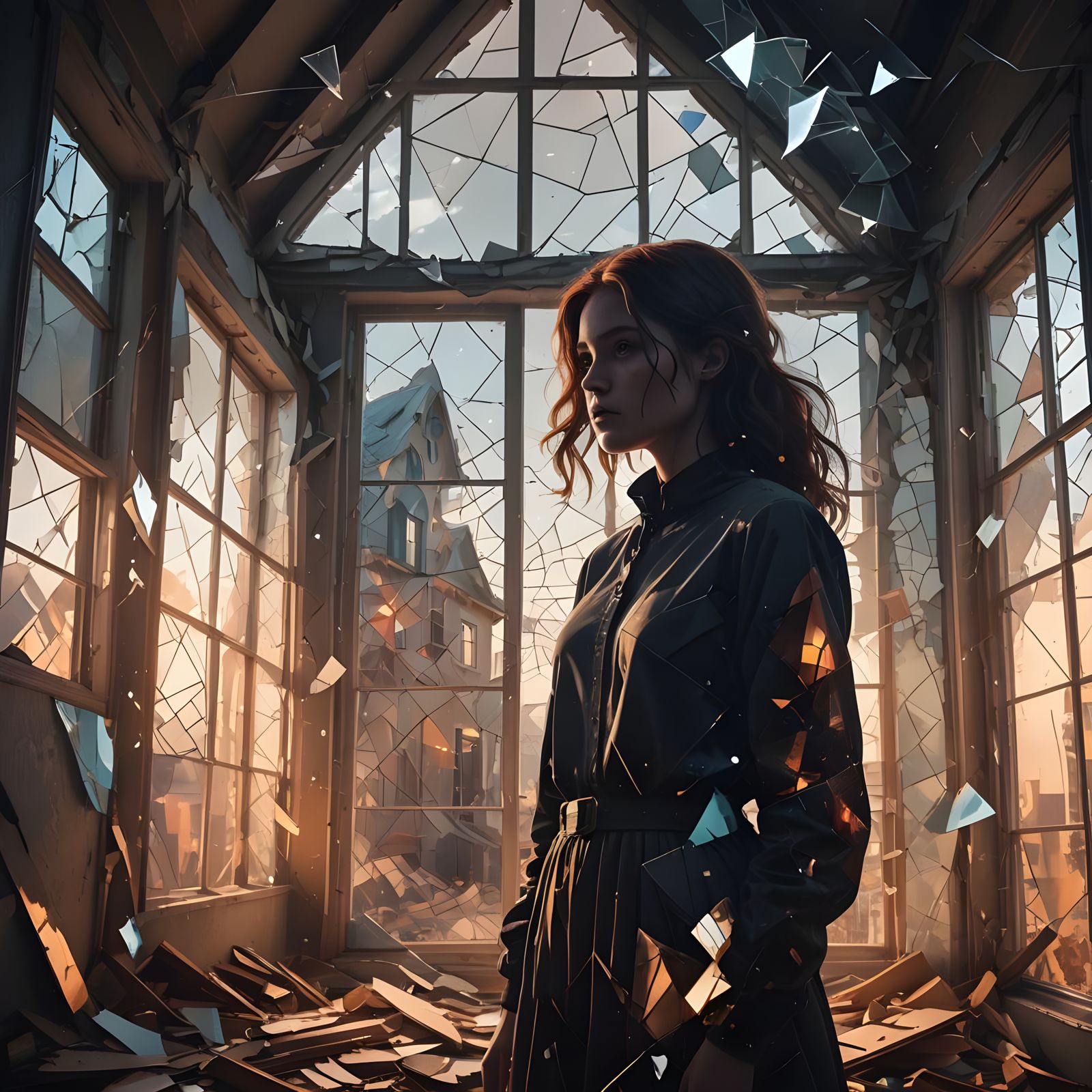 Ethereal Silhouette in Shattered Glass, Matte Painting